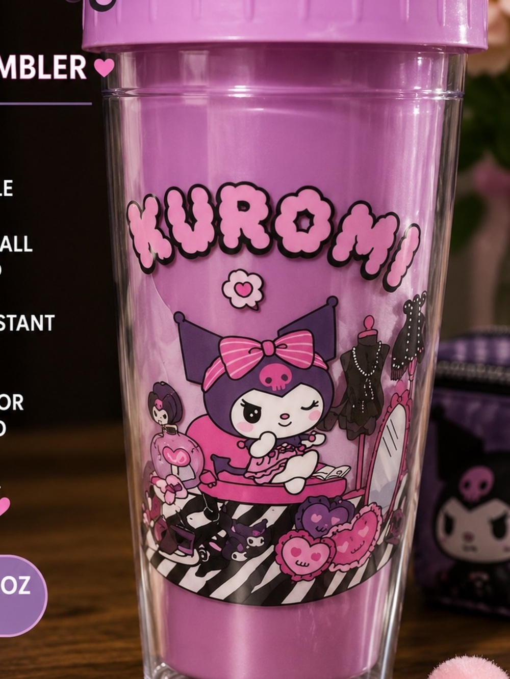 Sanrio Kuromi Pink Clear Travel Tumbler cup with no straw